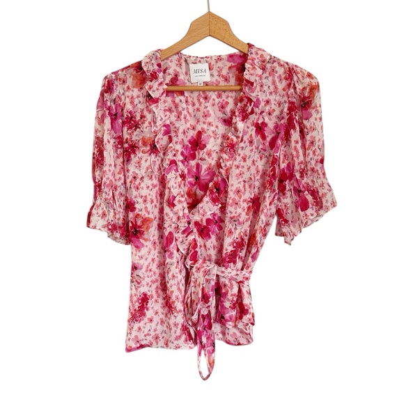 Misa Los Angeles Sybil Gardenia Pink Floral Chiffon Wrap Tie Top Blouse size M - Picture 2 of 10